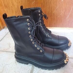 Black French Boutique Rqueens Boots with Gold Studded Toes